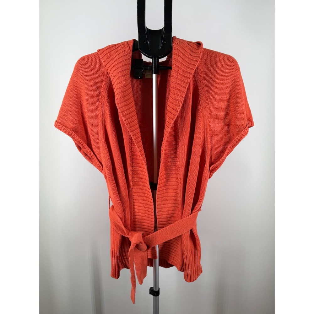 MK Orange Short Sleeve Hooded Wrap Cardigan Sweater Belted Knit Cotton Blend